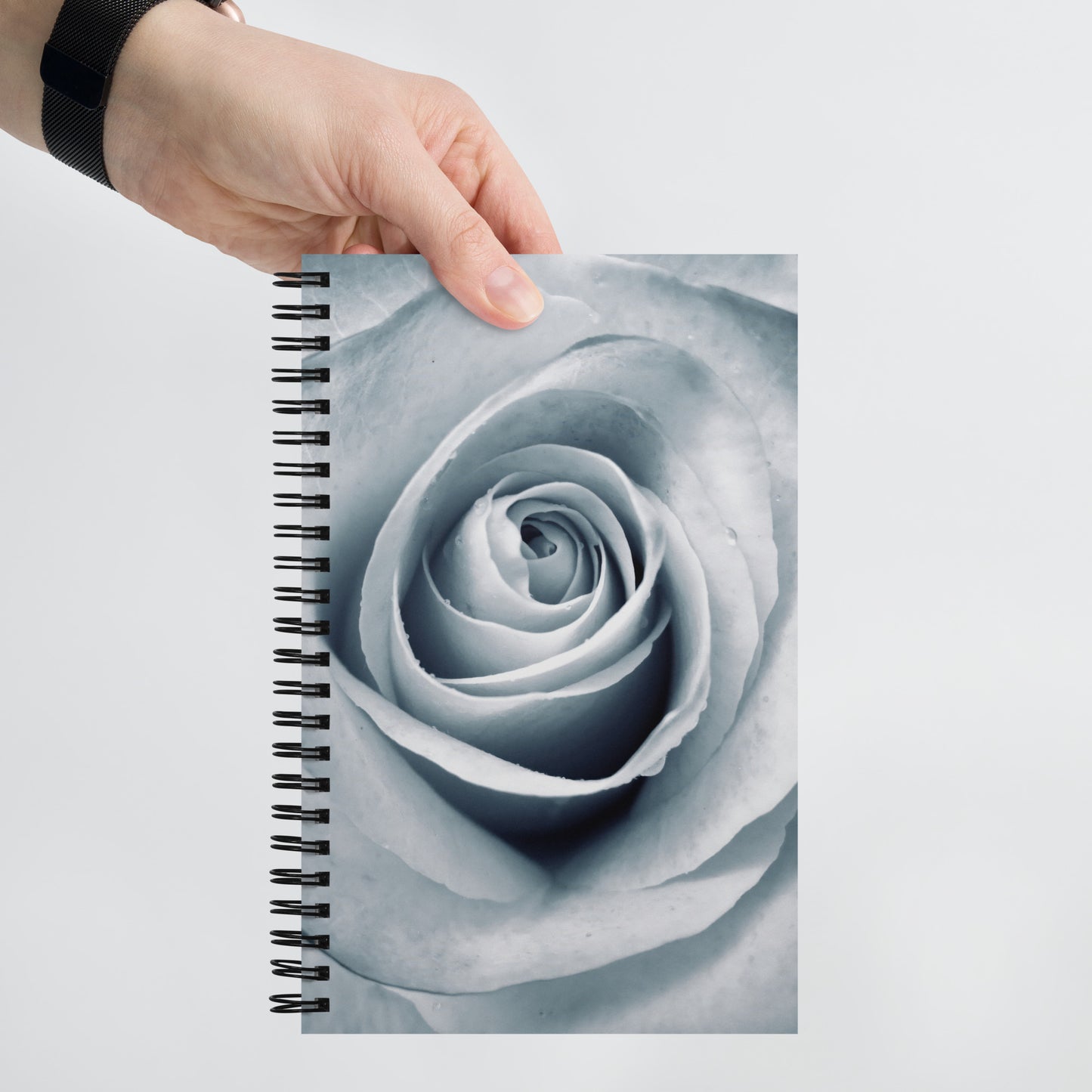 Elegant White Rose Macro Photograph On Fine Art Spiral Notebook - Perfect Gift for Contemporary Art, Nature, Flower & B&W Photography Lovers
