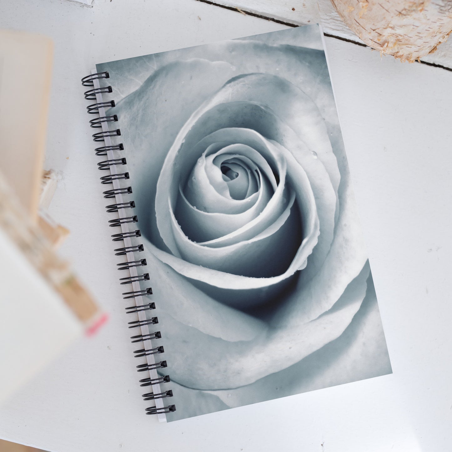 Elegant White Rose Macro Photograph On Fine Art Spiral Notebook - Perfect Gift for Contemporary Art, Nature, Flower & B&W Photography Lovers