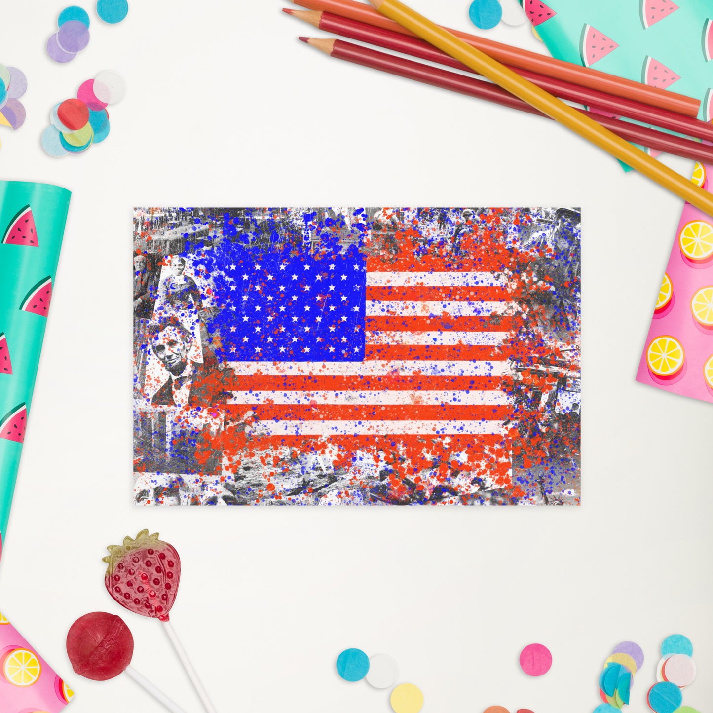Vibrant American History Collage with Grunge Flag - Fine Art Postcard - Bold, Colorful Keepsake for Contemporary, Grunge, and Alternative Art Lovers