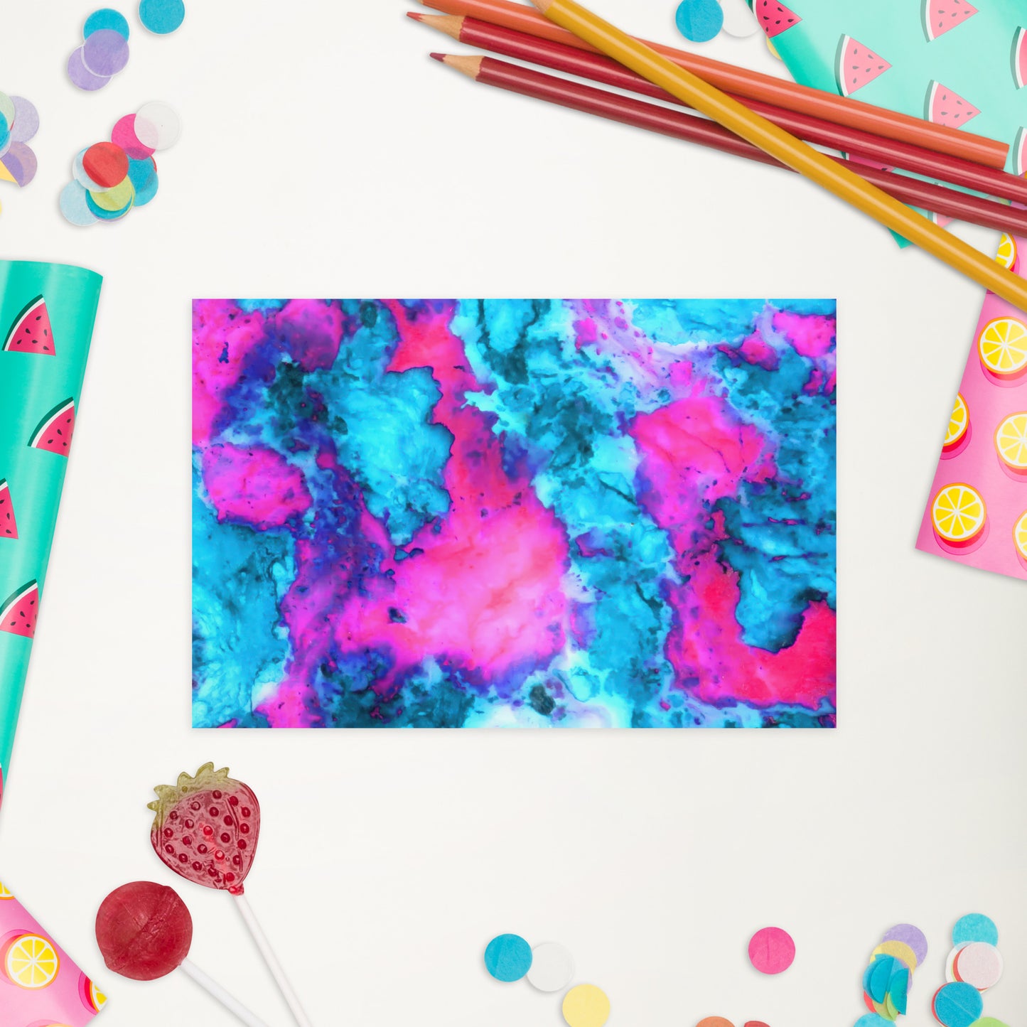 Vibrant Marble Abstract Postcard - Magenta & Cyan Art - Stylish & Durable - Perfect for Art Lovers & Special Occasions