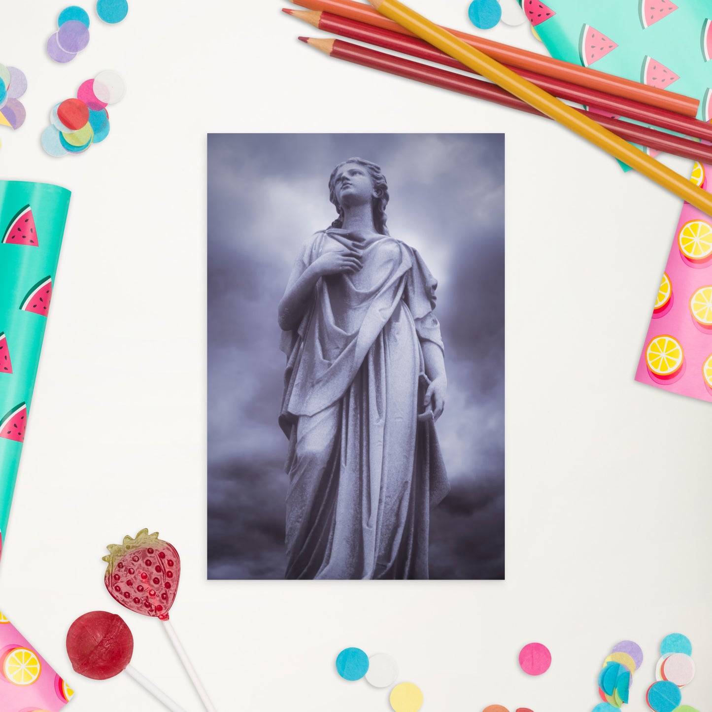 Elegant Fine Art Postcard - Milady - Beautiful Statue Of A Woman With A Stormy Sky In Blue Tone - Ideal Gift for Art & Photography Lovers