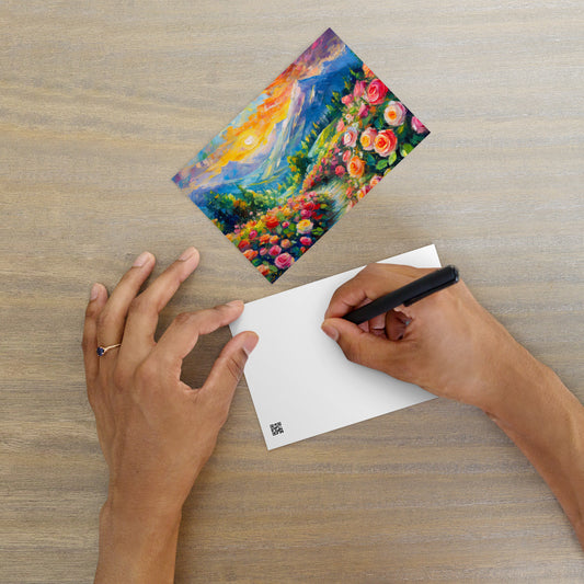 Majestic Mountain Sunset Postcard - Vibrant Oil Painting With Roses & Grass Path - Stylish, Colorful Scenic View - Great For All Occasions