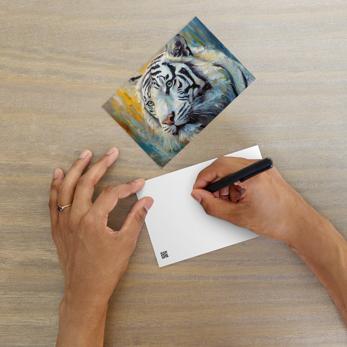 Majestic White Tiger Oil Painting Postcard – Stylish And Elegant Wildlife Art For Nature Lovers – Perfect Gift, Desk Décor For Home & Office