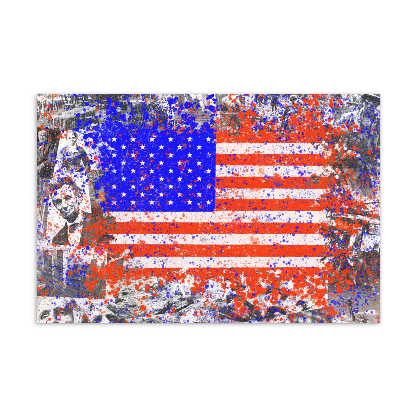 Vibrant American History Collage with Grunge Flag - Fine Art Postcard - Bold, Colorful Keepsake for Contemporary, Grunge, and Alternative Art Lovers