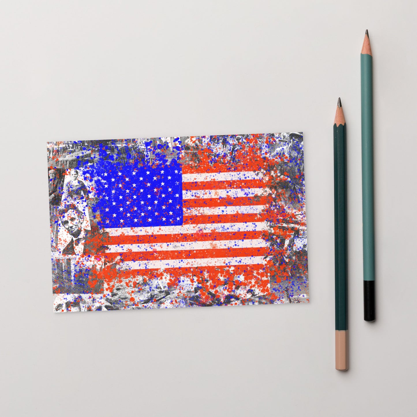 Vibrant American History Collage with Grunge Flag - Fine Art Postcard - Bold, Colorful Keepsake for Contemporary, Grunge, and Alternative Art Lovers