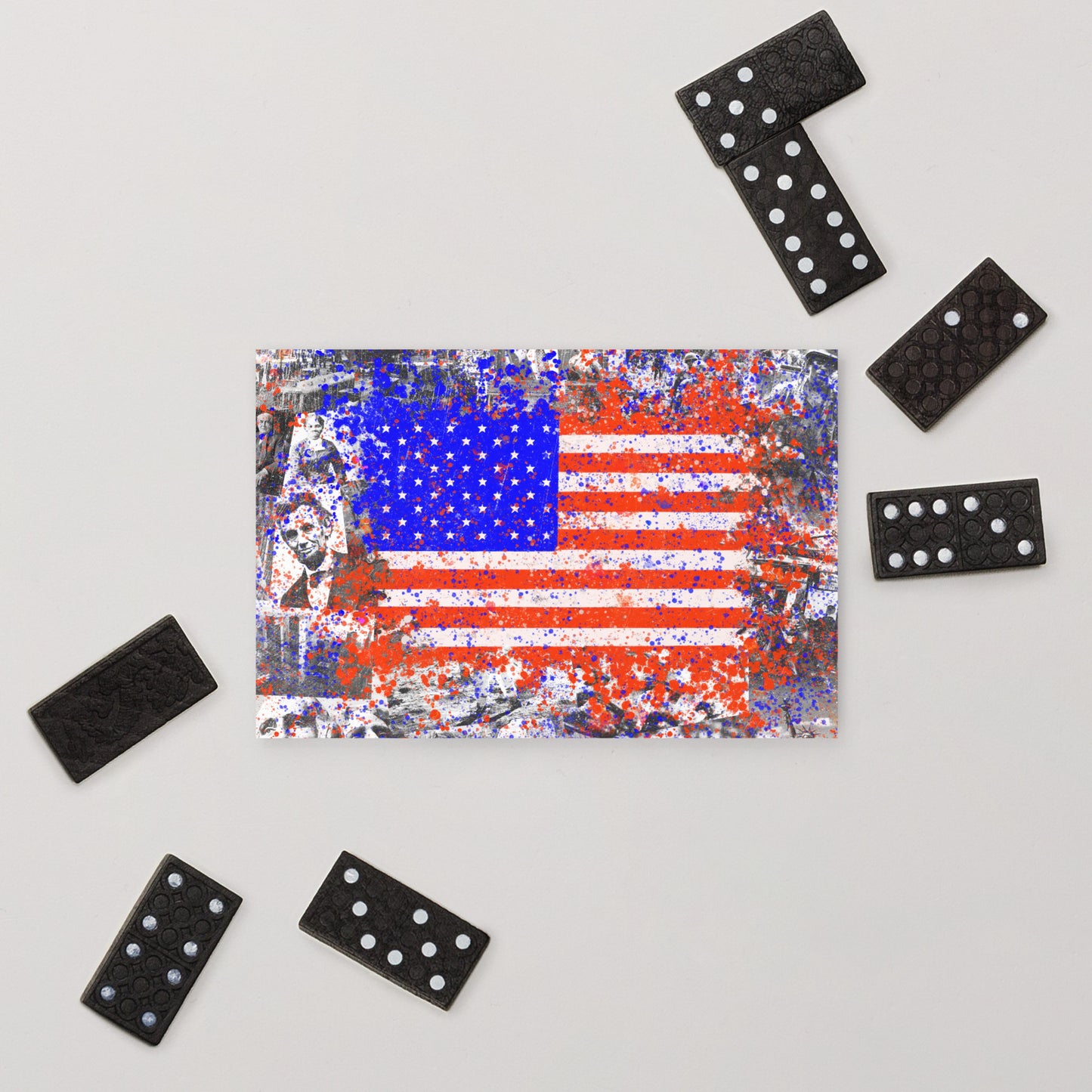 Vibrant American History Collage with Grunge Flag - Fine Art Postcard - Bold, Colorful Keepsake for Contemporary, Grunge, and Alternative Art Lovers