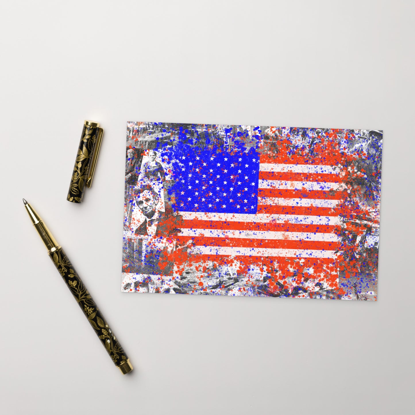 Vibrant American History Collage with Grunge Flag - Fine Art Postcard - Bold, Colorful Keepsake for Contemporary, Grunge, and Alternative Art Lovers