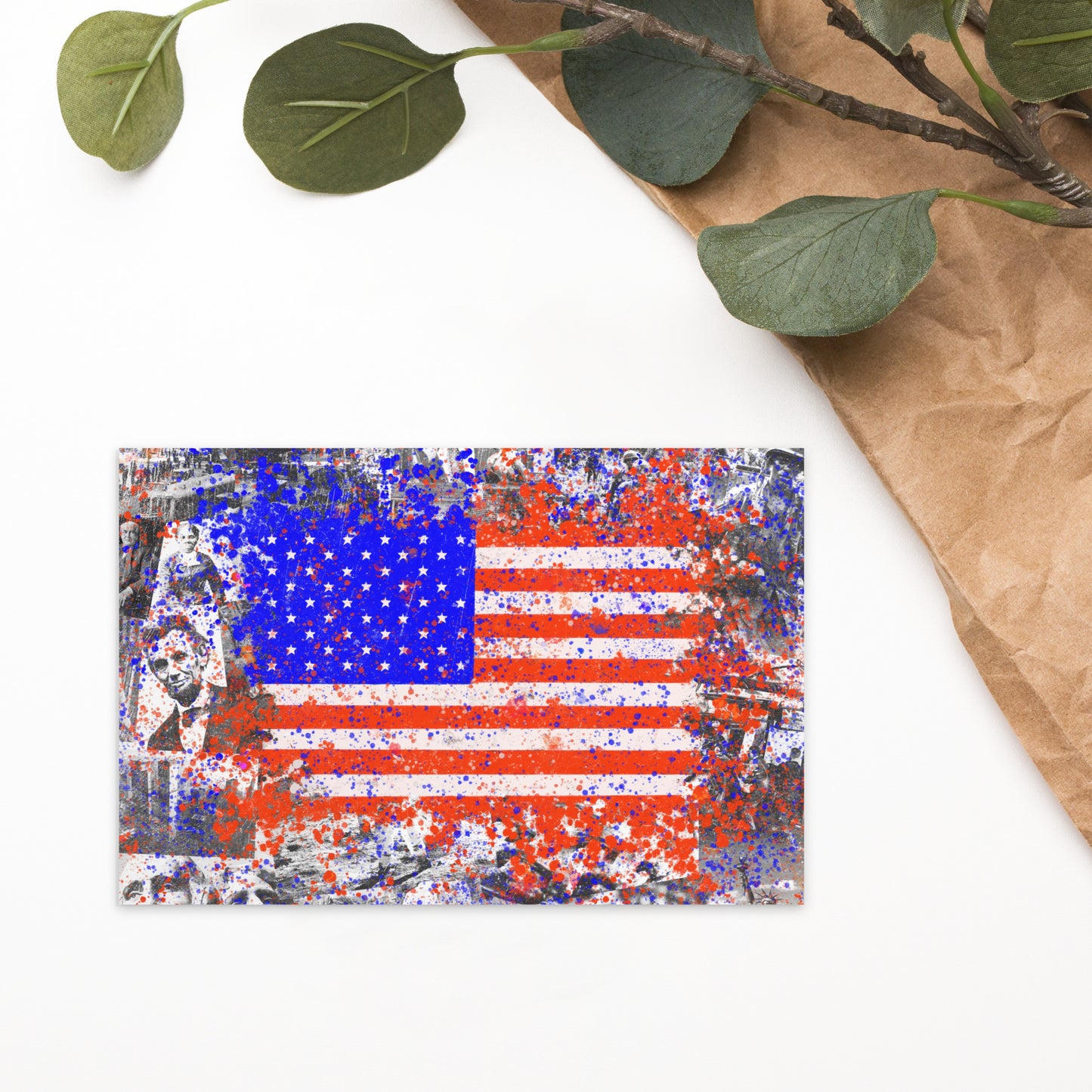 Vibrant American History Collage with Grunge Flag - Fine Art Postcard - Bold, Colorful Keepsake for Contemporary, Grunge, and Alternative Art Lovers