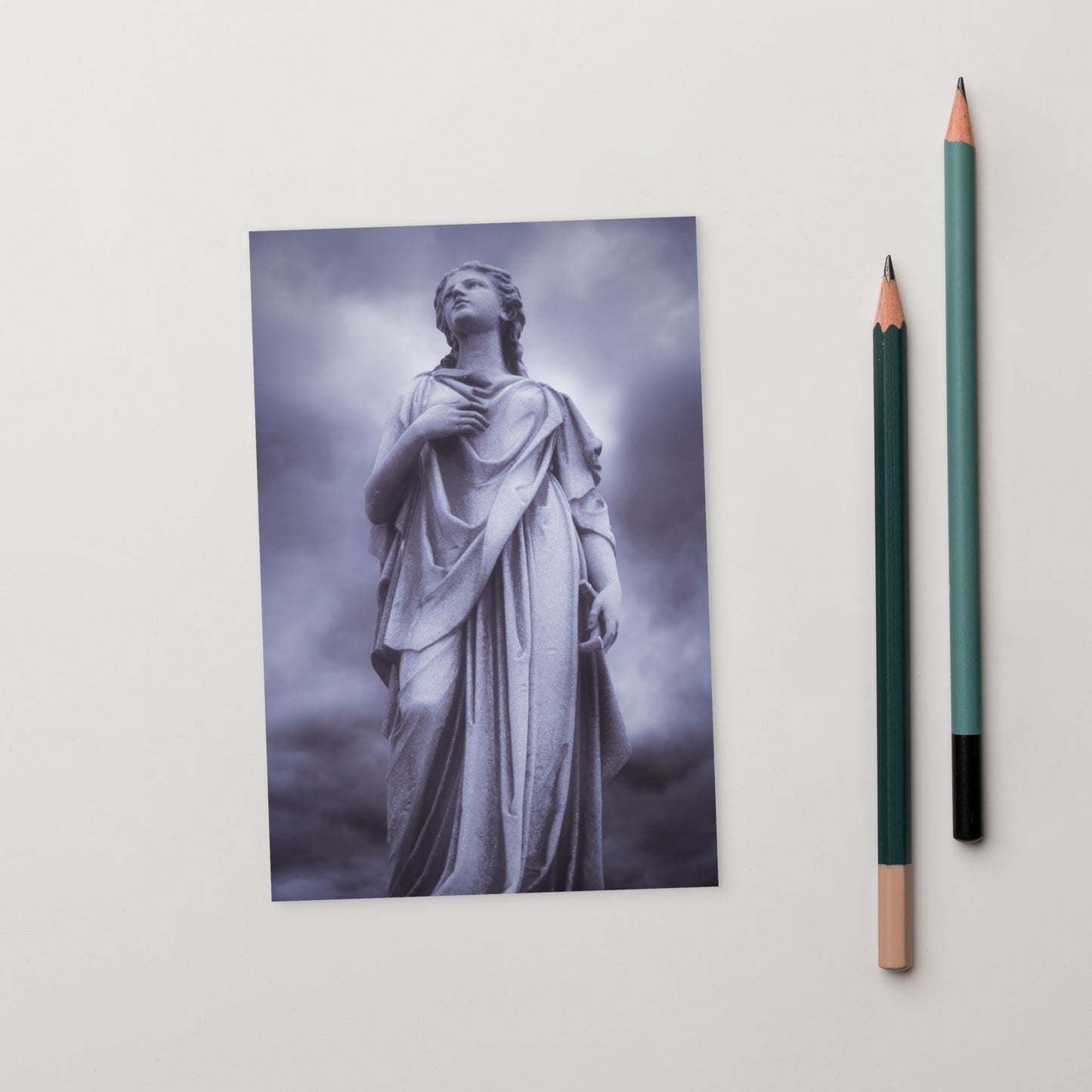 Elegant Fine Art Postcard - Milady - Beautiful Statue Of A Woman With A Stormy Sky In Blue Tone - Ideal Gift for Art & Photography Lovers